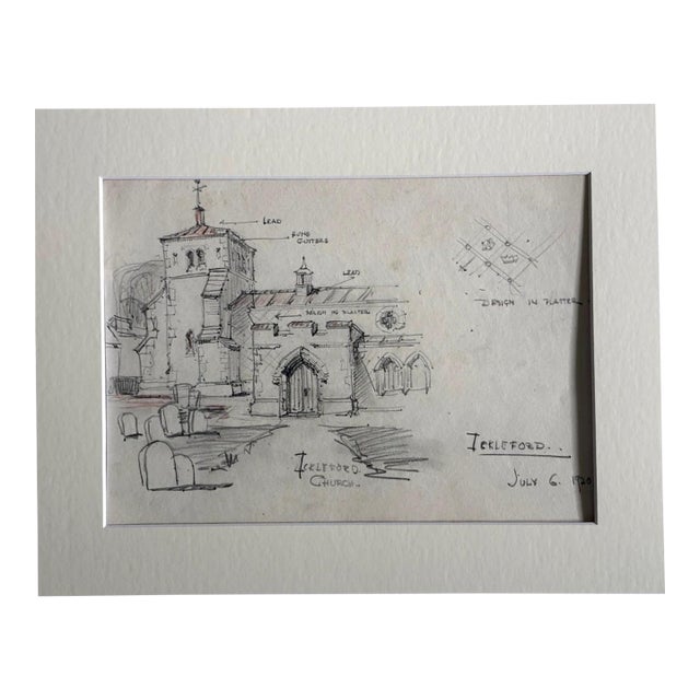 Antique 1920s Walter Church Drawing in 11x14 Mat - Ickleford, Hertfordshire For Sale