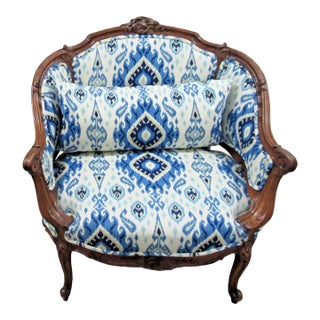Antique French Louis XV Carved Walnut French Bergère Armchair Ikat 18th Century For Sale