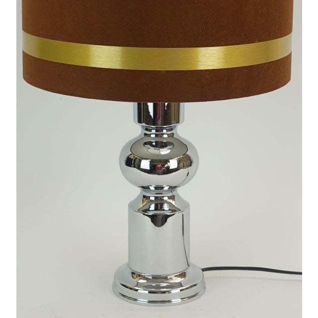 Mid-Century Modern Large Table Lamp in Chrome Base and Brown Velvet Lampshade from Aro-Leuchten, 1970s For Sale - Image 3 of 12