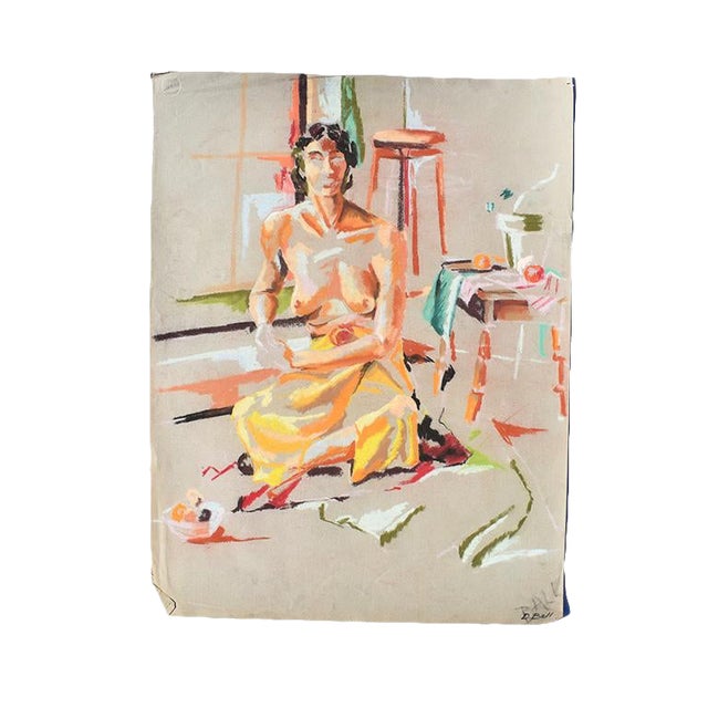 Contemporary Colorful Nude Woman Chalk Sketch With Orange Circa 1960 Signed Ball For Sale