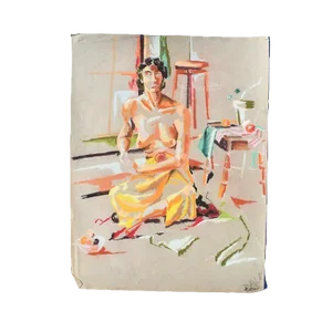 Contemporary Colorful Nude Woman Chalk Sketch With Orange Circa 1960 Signed Ball