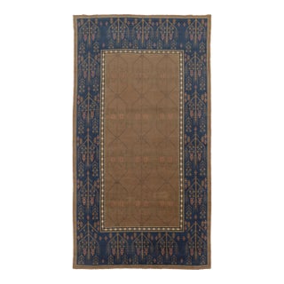 Vintage Swedish "Flossa" Rug, Tobacco Brown & Navy Botanical Border - Rug & Kilim For Sale