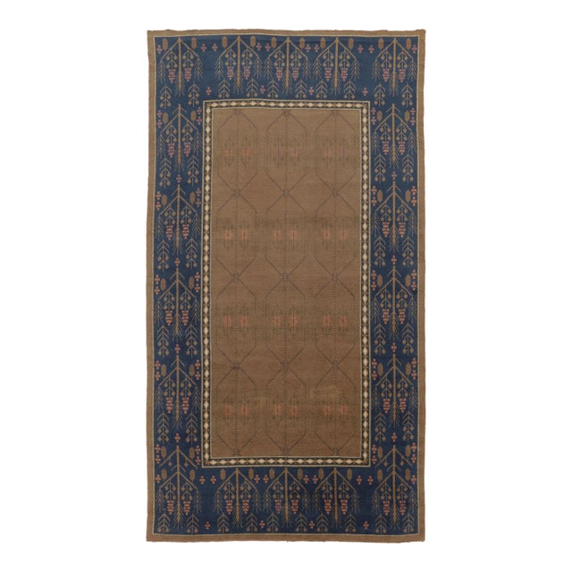 Vintage Swedish "Flossa" Rug, Tobacco Brown & Navy Botanical Border - Rug & Kilim For Sale
