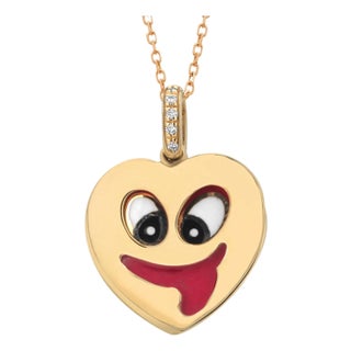 Vintage Aaron Basha 18k Yellow Gold Diamond Enamel Whimsical Heart Charm Pendant For Sale