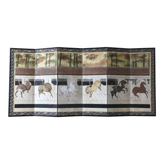 Vintage Japanese Classic Theme of Stabled Horses 6 Panel Paper Screen For Sale