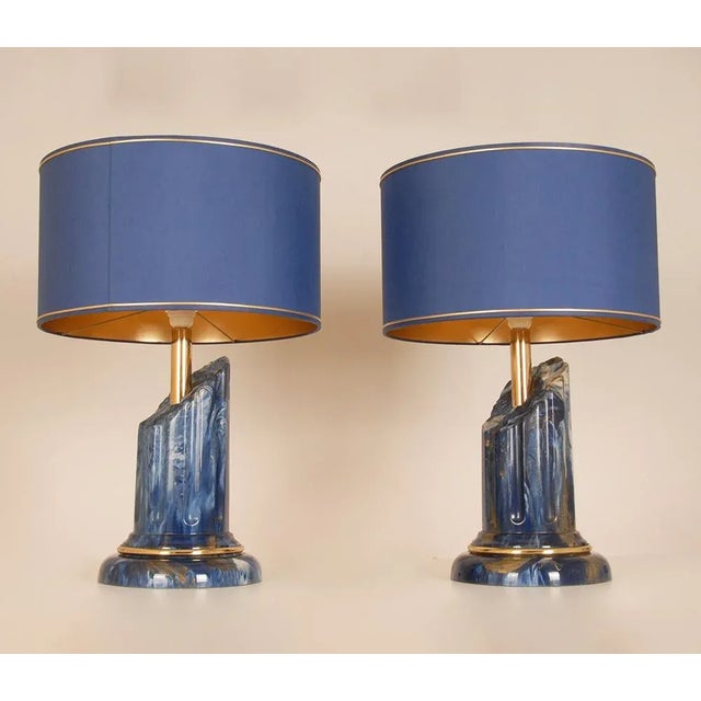 Vintage Italian Table Lamps Lapis Lazuli Marble Blue Gold Column Lamps a Pair For Sale - Image 11 of 11