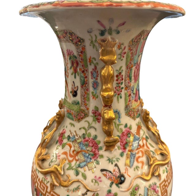 Ceramic Late 19th Century Chinese Canton Rose Medallion Lamps - a Pair For Sale - Image 7 of 14