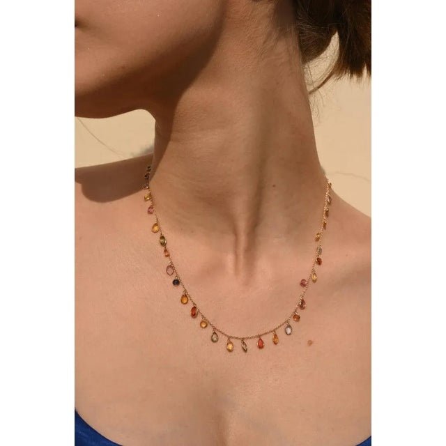 Multi Color 18k Yellow Gold Dangling Multi Sapphire Chain Necklace For Sale - Image 4 of 12