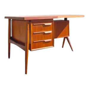 Teak Boomerang Writer's Desk With Floating Drawer Bank and Front Display | Mid Century Atomic in the Style of Kai Kristiansen