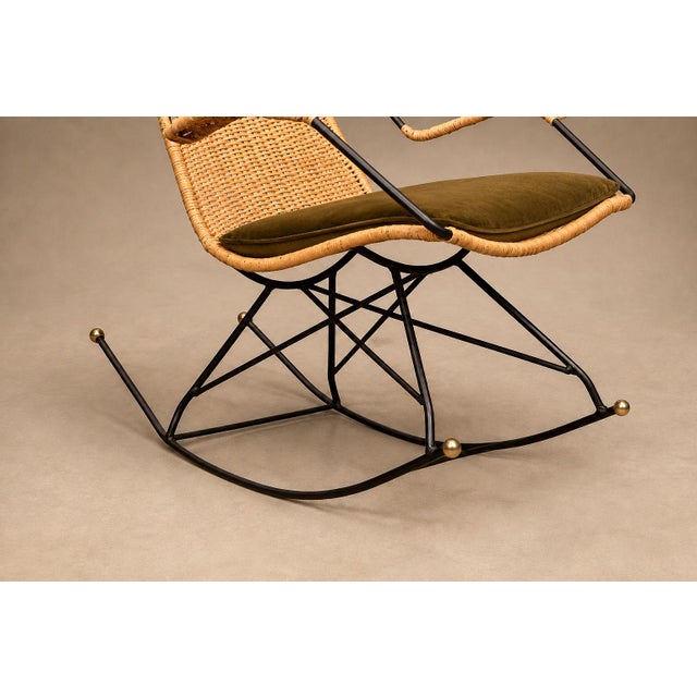 1950s Brazilian Modern Rocking Chair in Metal, Wicker & Green Mohair by Carlo Hauner, 1950s For Sale - Image 5 of 18
