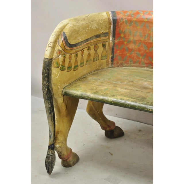 Wood Vintage Figural Primitive Solid Carved Wood Red & Green Horse Bench Seat Chair For Sale - Image 7 of 12