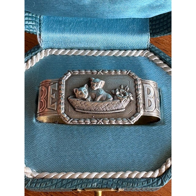 Mid-Century Modern Vintage Silver “Bebe” Baby Child Keepsake Napkin Ring Kitten Motif in Box For Sale - Image 3 of 12