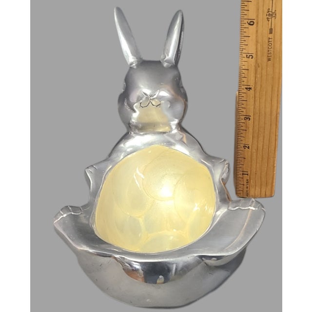Contemporary Vintage Polished Aluminum Whimsical Bunny Rabbit Pearl Coated Trinket Holder Candy Dish For Sale - Image 3 of 7