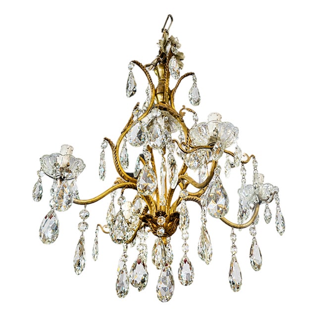 Gilded Bronze and Crystal 3-Light Chandelier, 1980s For Sale