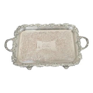 Antique Victorian Silver Plated Grapevine Repousse Platter Bar Tray W/ Monogram For Sale