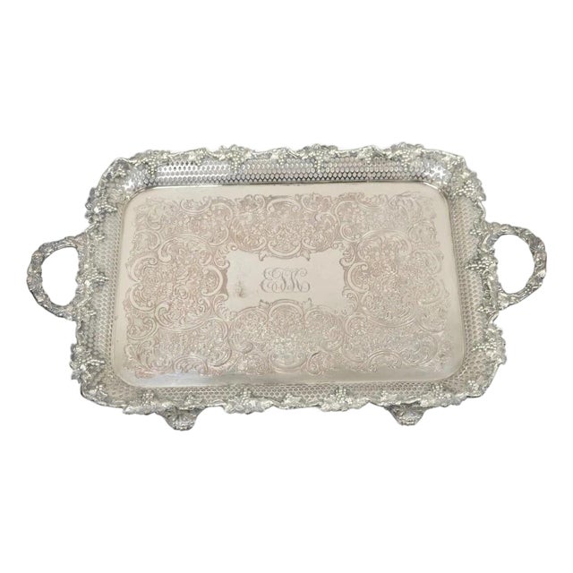 Antique Victorian Silver Plated Grapevine Repousse Platter Bar Tray W/ Monogram For Sale