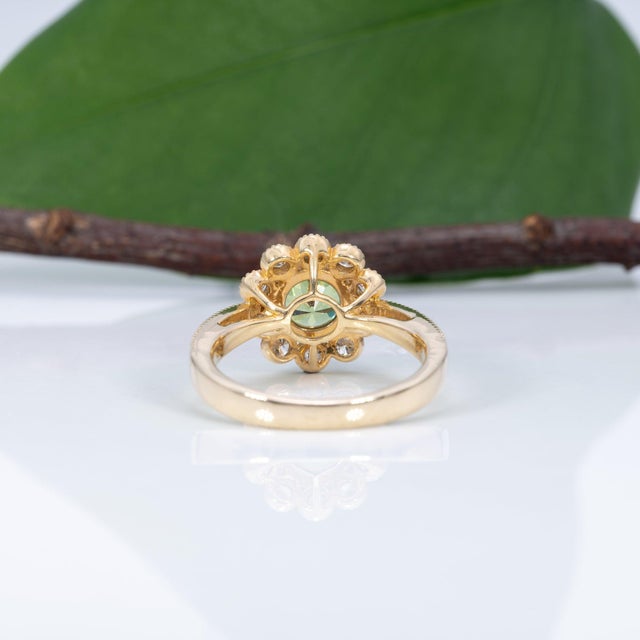 Green 1Ct Demantoid Garnet Ring With Earth Mined Diamonds Halo: Solid 14k Gold, 6mm, Size 6.75 For Sale - Image 8 of 9