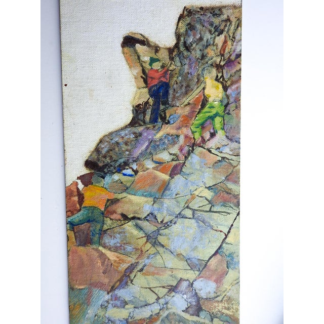 Mid 20th century oil on canvas board painting of three rock climbers. Unsigned. Unframed, edge wear.
