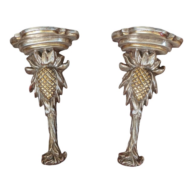 Vintage Silver and Gold Leafed Plaster Pineapple Decorative Wall Brackets- A Pair For Sale
