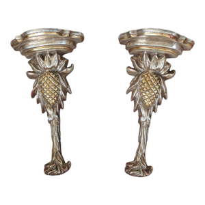 Vintage Silver and Gold Leafed Plaster Pineapple Decorative Wall Brackets- A Pair