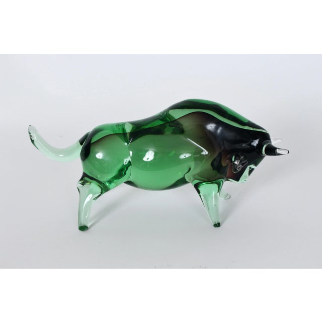 Alfredo Barbini Venetian Murano Green & Clear Glass "Bull" Sculpture. Featuring hand made clear, green with dark interior...