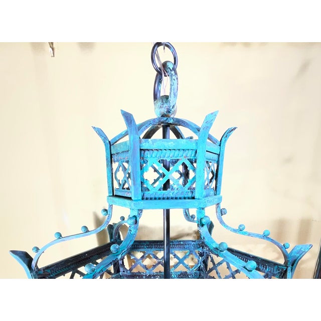 Exquisite Large Hand-Forged Iron Lantern – Verdigris Patina - 47” High X 24”Wide For Sale - Image 4 of 18