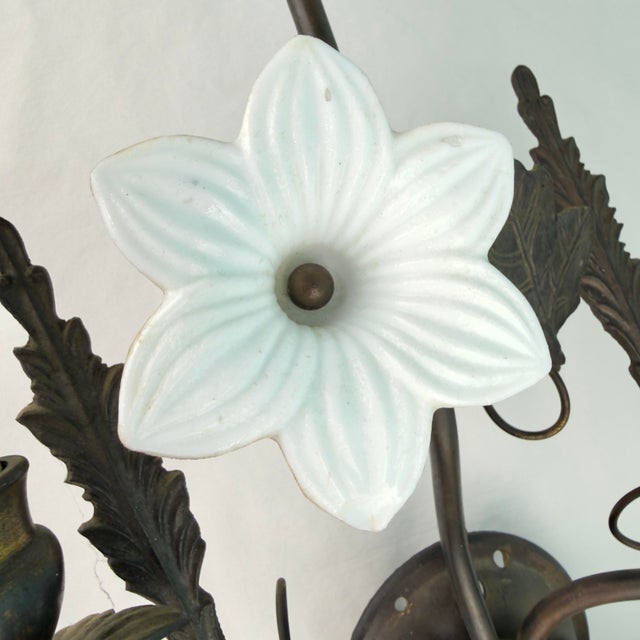 Vintage 7 Light Wrought Iron Wall Sconce With Milk Glass Flowers & Cherub Motif - Matching Sconce Available Separately For Sale - Image 11 of 12