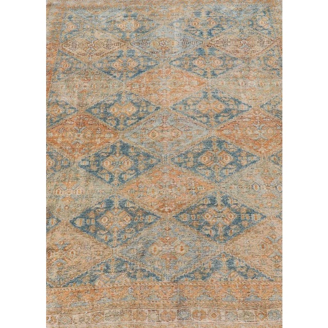 Measures: 5'2 x 6'6 Antique Persian Kurdish Rug with All-Over Geometric Medallion in Orange & Blue. Keivan Woven Arts /...