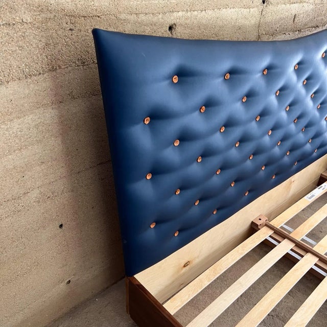 1990s 2000s Modern Queen Platform Bed Blue Upholstered Button For Sale - Image 5 of 8