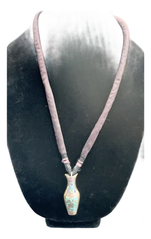 Antique Chinese Needle Case Pendant Necklace, Sterling Silver Lacquered