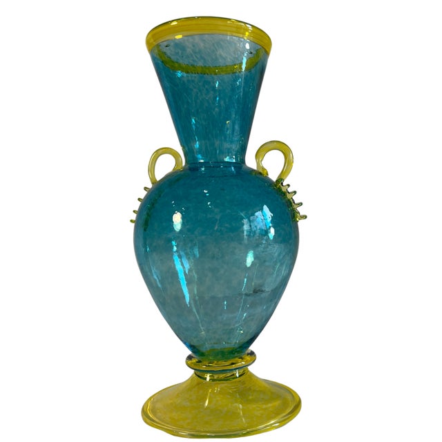 Art Glass Aqua Yellow Handled Amphora Vase For Sale - Image 11 of 14