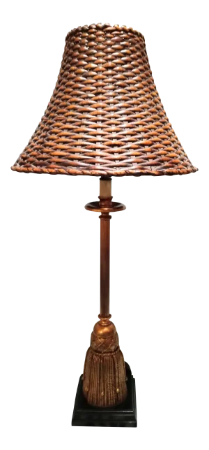 Tall Vintage Hollywood Regency Gold Tassel Table Lamp Wicker Shade