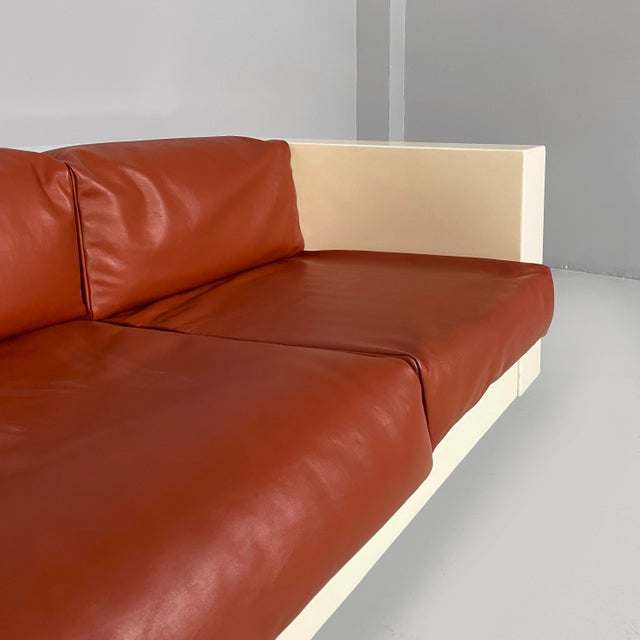 Wood Italian Modern White Wood and Brown Leather Sofa by Massimo and Lella Vignelli for Poltronova, 1980s For Sale - Image 7 of 18