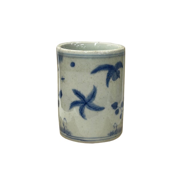 3.75" Vintage Fade Blue White Graphic Small Porcelain Holder For Sale - Image 9 of 10