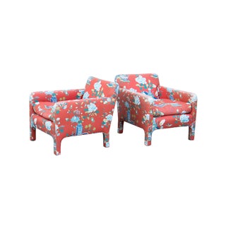 Red Chintz Parsons Armchairs Custom Built by Shaw For Sale