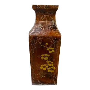 Chinoiseries Golden Graphic Brown Lacquer Square Vase Jar Shape Display