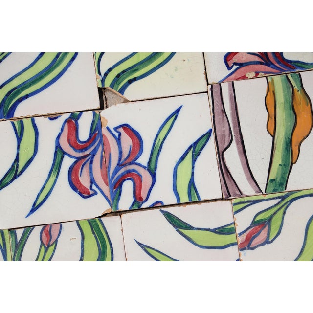1900s Antique Portuguese Art Nouveau Assembled Group of 15 Tiles With Stylized Iris Motif For Sale - Image 4 of 14