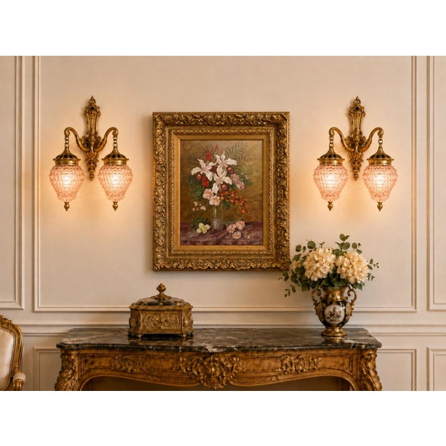 1980s French Louis XVI Gold Purple Crystal Wall Lamps Sconces-Pair For Sale - Image 14 of 14