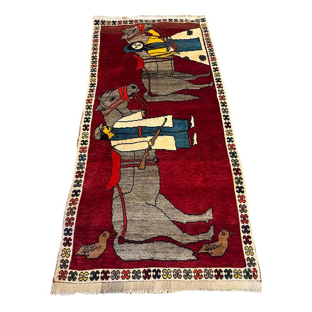 Antique Turkish Figurative Gabbeh Rug With Couple and Horses | 3'6" X 7'2 For Sale