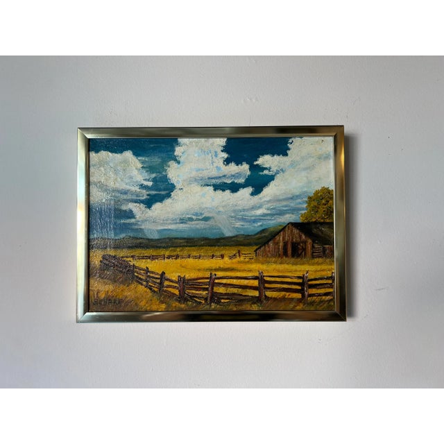 Mid-Century Modern 1970's Schafer Autumn Barn Landscape Oil Painting For Sale - Image 3 of 13