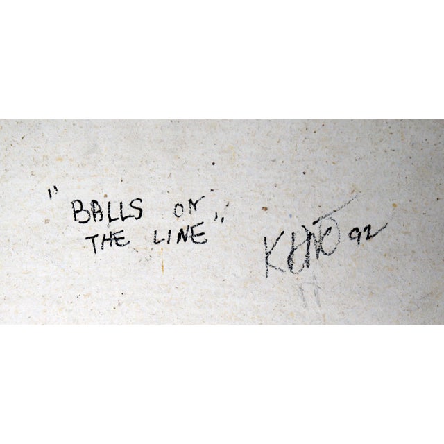 Wood "Balls on the Line" Satirical Wood Panel Original Painting and Carving by Mickey "Kano" Kane For Sale - Image 7 of 7
