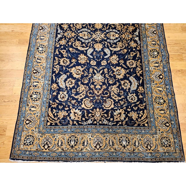 Navy Blue Antique Persian Tabriz Rug, Hand-Knotted Wool & Silk, Allover Floral Pattern, Navy & Tan, 6x10 For Sale - Image 8 of 13