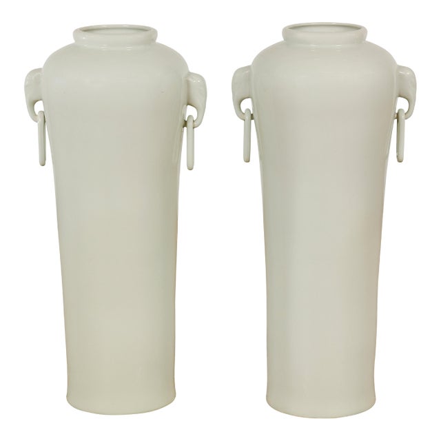Tall and Slender Vintage White Porcelain Elephant Handles Altar Vases - A Pair For Sale