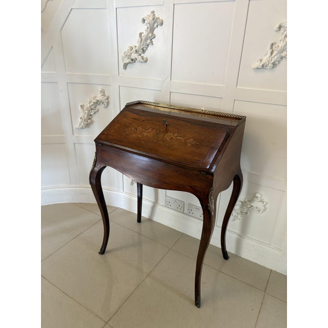Brown Antique Victorian French Rosewood Marquetry Inlaid Bureau, 1860s For Sale - Image 8 of 14