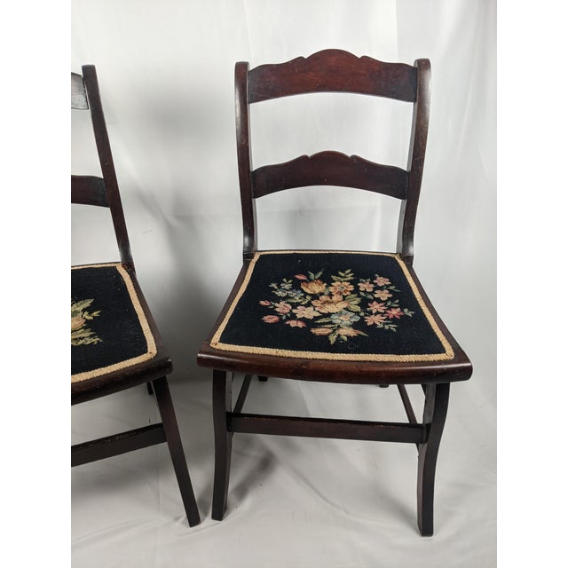 Pair of Vintage Tell City Style Dark Wood Chairs With Black Floral Needlepoint Seats For Sale - Image 12 of 14