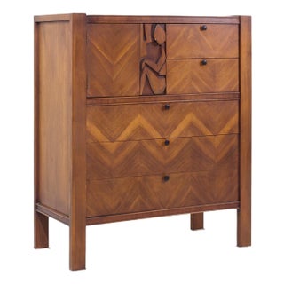 United Tiki Brutalist Mid Century Walnut Gentleman’s Chest Highboy Dresser For Sale