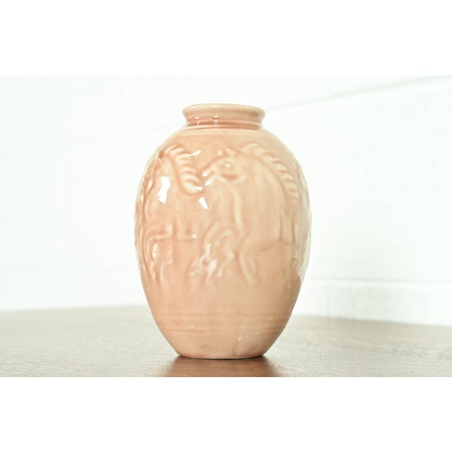 Art Deco Rookwood Pottery Arts & Crafts Glazed Ceramic Art Pottery Vase With Relief Decoration of Horses, 1945 For Sale - Image 3 of 11