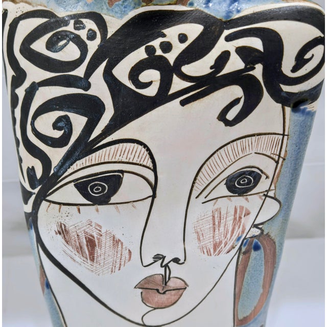 Blue Alfajar Ceramica Spanish Hand Painted Modernist Face Sgraffito Stoneware Vase For Sale - Image 8 of 14
