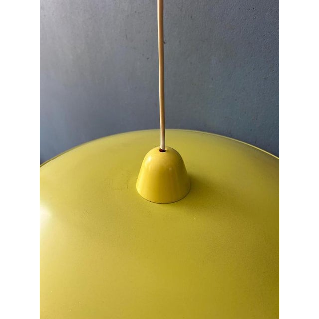 Mid-Century Modern Opaline Glass Pendant Lamp with Yellow Metal Shade For Sale - Image 10 of 13