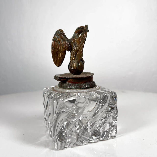 Antique Vintage Cut Crystal Inkwell Brass Eagle Top For Sale - Image 4 of 10